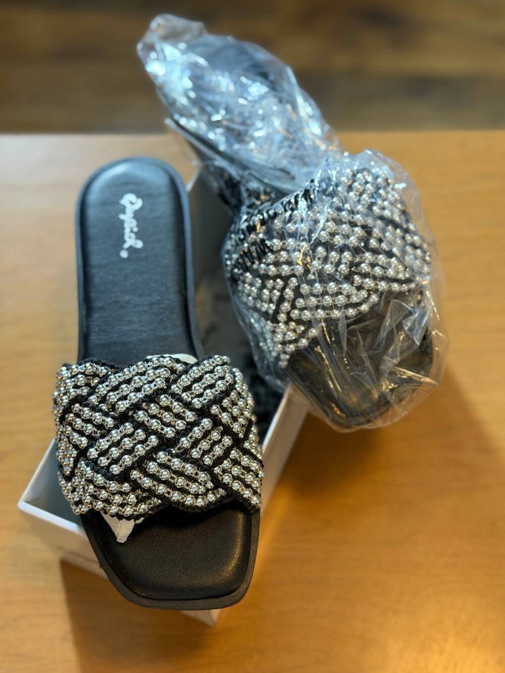 Qupid Black Silver Rhinestone Embellished Slide Sandals Size 7.5
